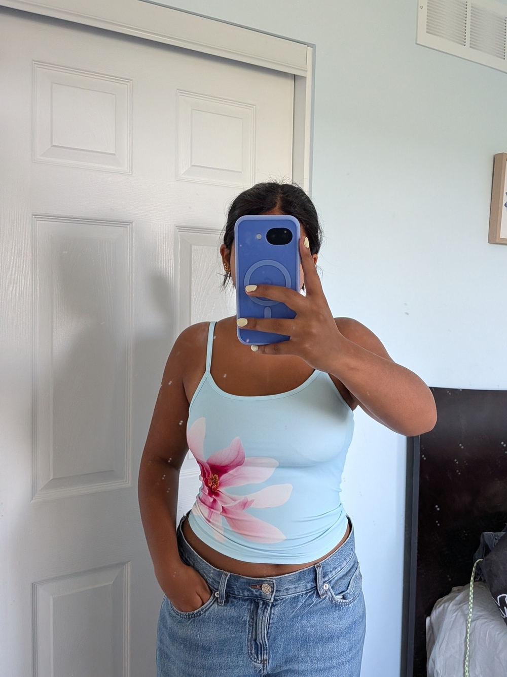 Light Blue Floral Tank Top with Pink Flower